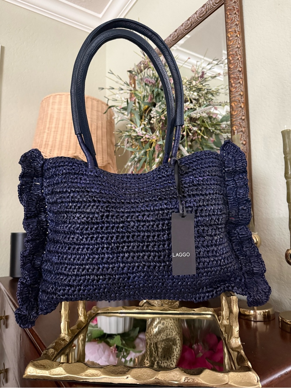 LAGGO TOTE Bag LARGE Dark Navy Raffia Ruffled NWT